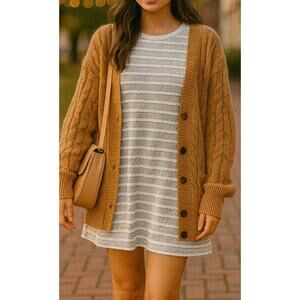 BCBG French Romantic Scallop Striped Shirt Dress S Gray Preppy Feminine Retro